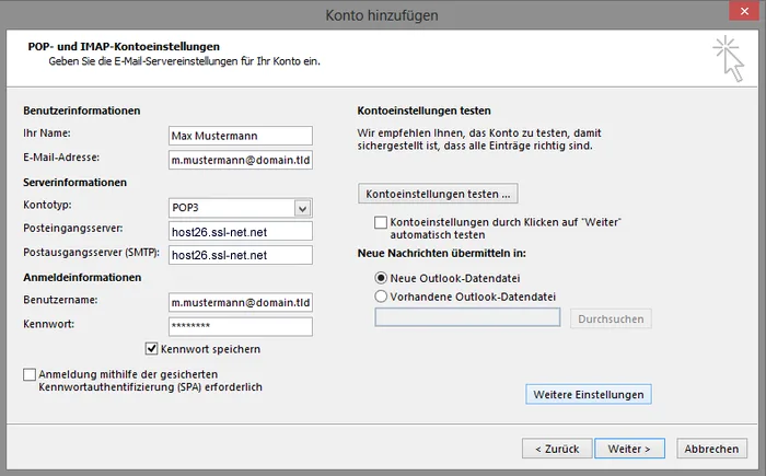 Outlook 2013 POP3 Kontoeinstellungen