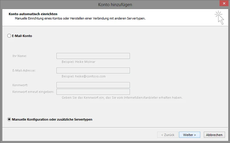 Outlook 2013 manuelle Konfiguration