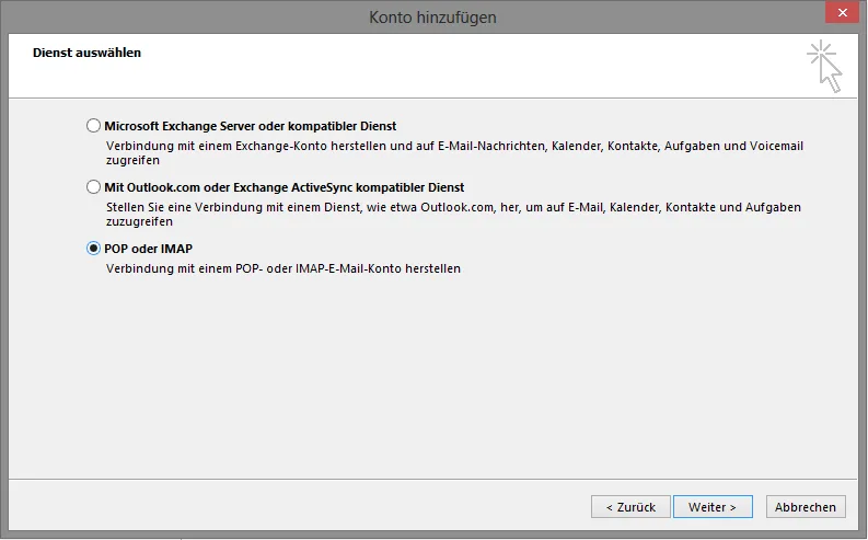 Outlook 2013 POP3 oder IMAP wählen
