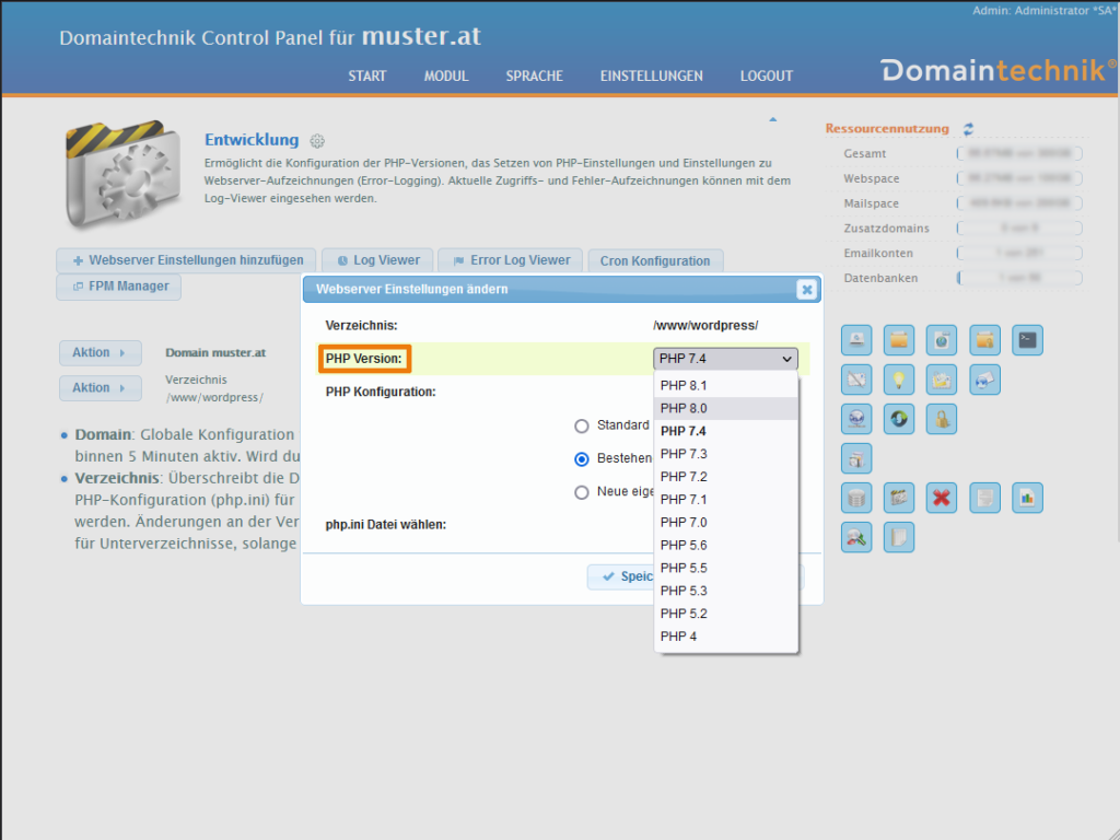 PHP Version ändern Bild 2