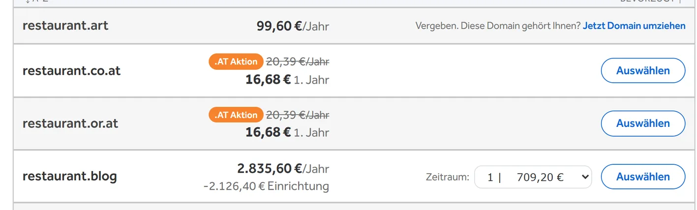 Premium Domain Preise