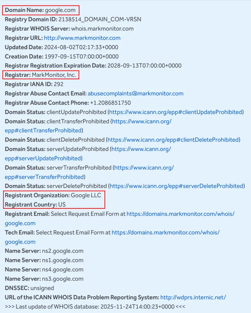 Whois Domain Abfrage über das Online Tool