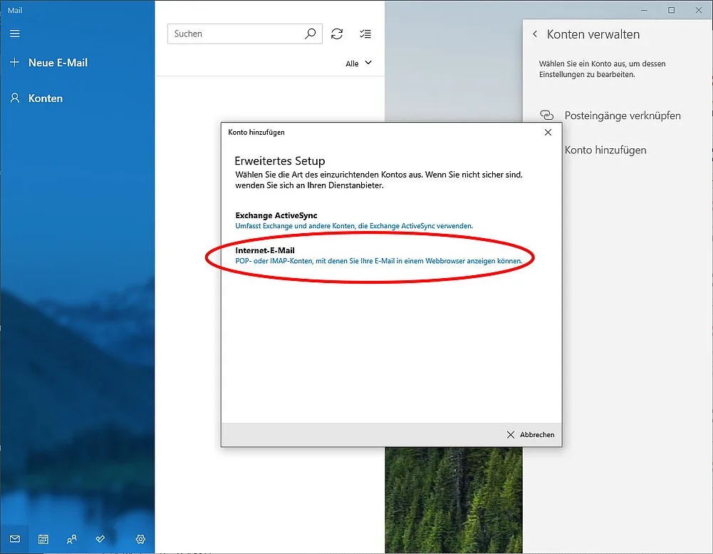 Windows 10 Mail INternet E-Mail wählen