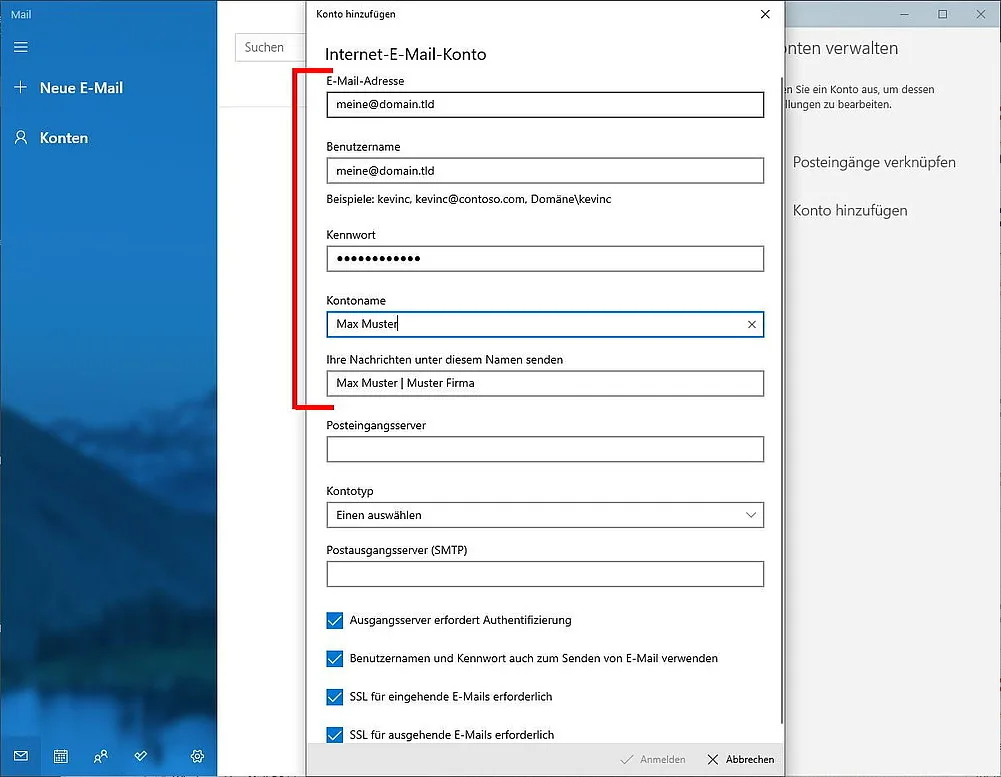 Windows 10 Mail Daten eingeben