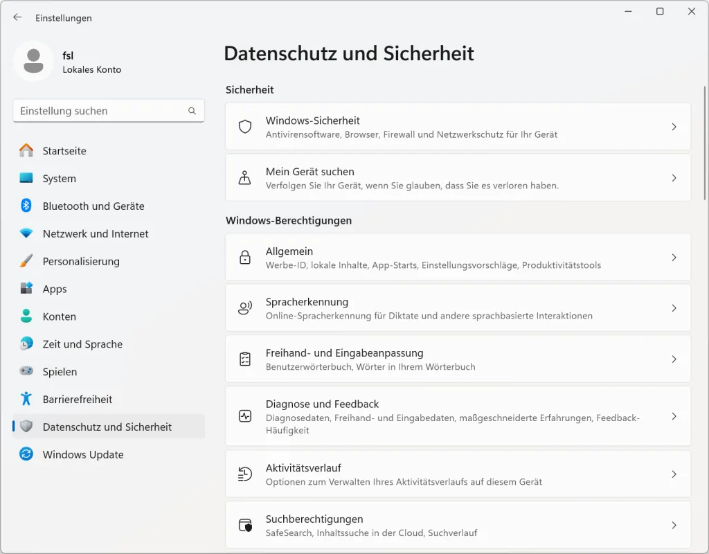 Windows 11 Datenschutz und Sicherheit