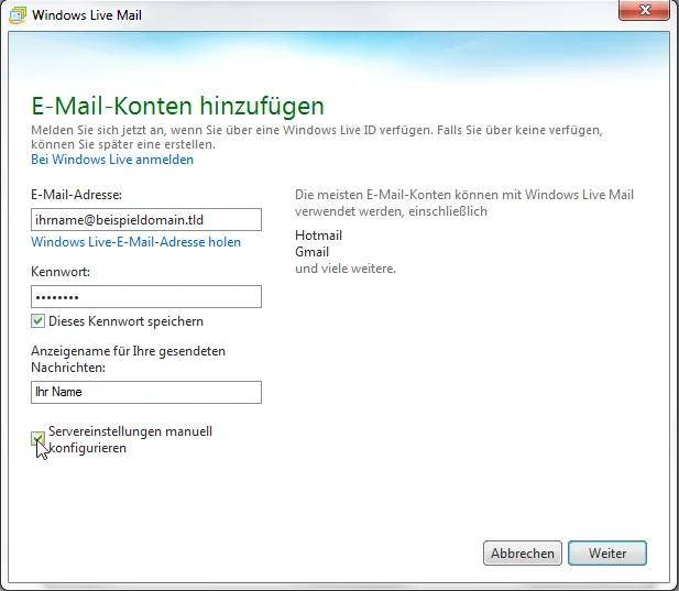Windows Live Mail E-Mail-Konten hinzufügen