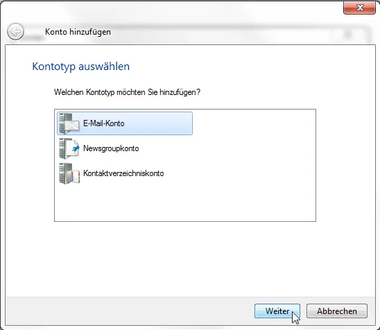 Windows Live Mail Kontotyp wählen