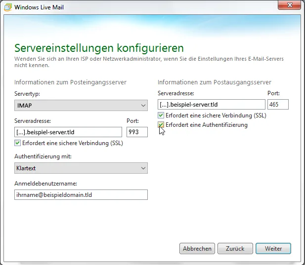 Windows Live Mail Server Einstellungen