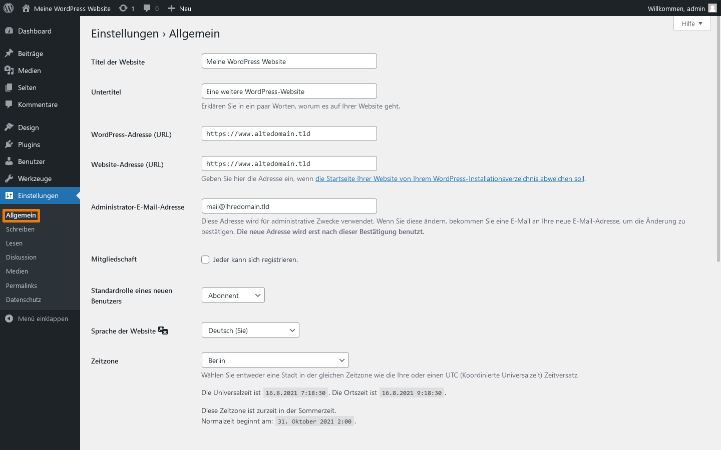 wordpress domain aendern