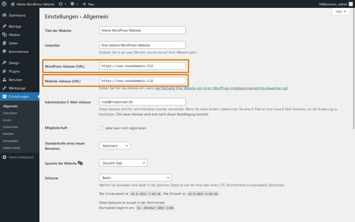 WordPress URL im Backend ändern