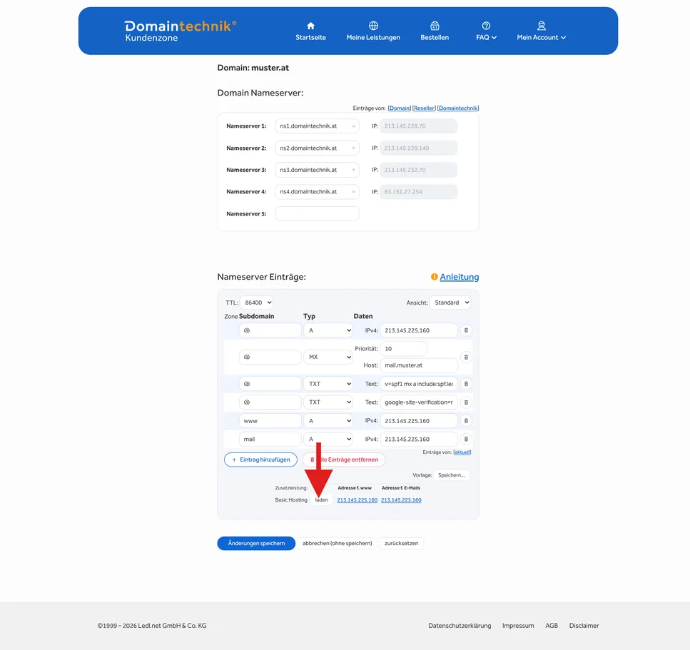 Zusatzdomain Nameserver Konfiguration laden