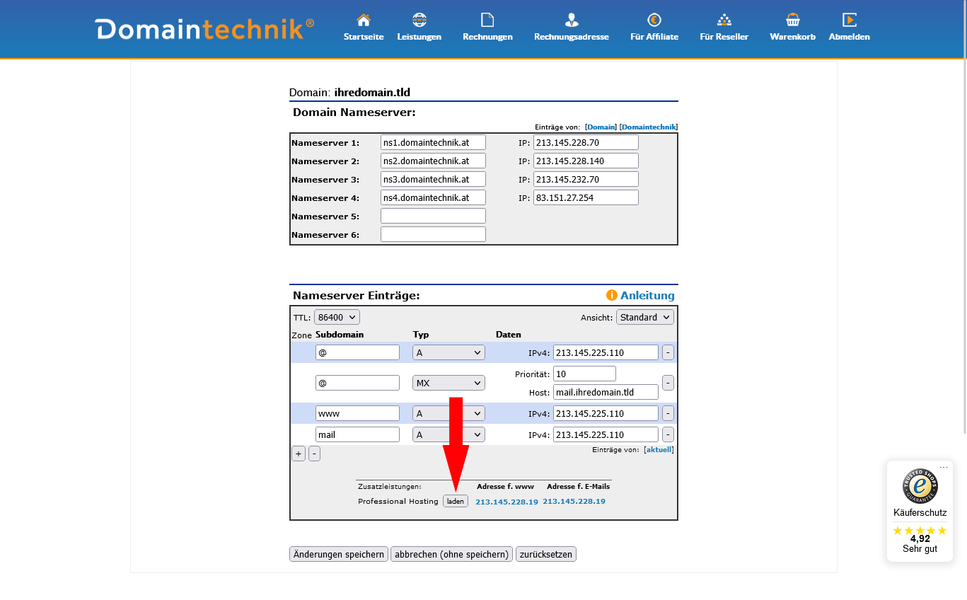 Zusatzdomain Nameserver Konfiguration laden